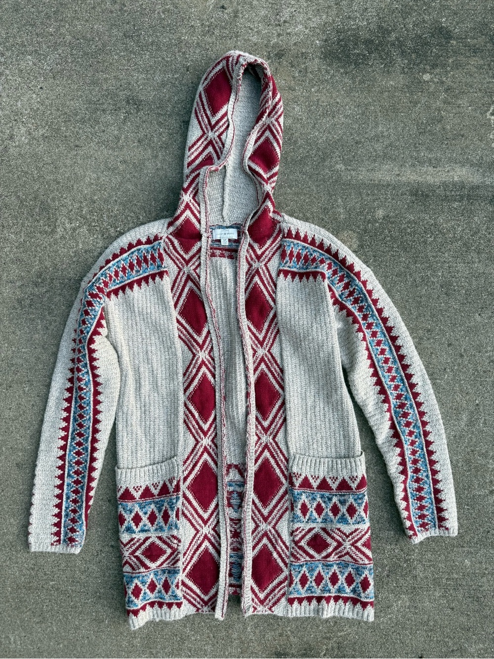 Lucky Brand Boho Aztec Knit Open Front Hooded Cardigan - Small